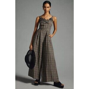 Anthropologie 6 Tall Jumpsuit Embroidered Plaid Wide Leg Linen Blend Pockets NWT